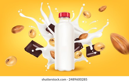 Soy milk packaging mock up with soybean, almond, chocolate isolated on solid color background. Realistic vector in 3D elements.