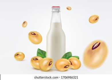 Soy milk packaging mock up with soybeans isolated on white background. Realistic vector in 3D elements.