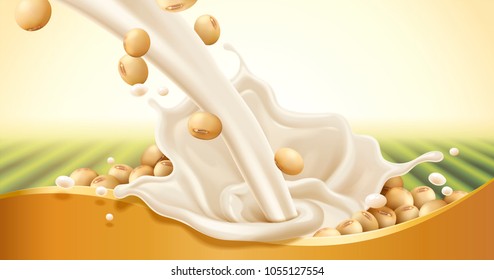 Soy milk pouring down with beans isolated on natural green field and golden banner in 3d illustration