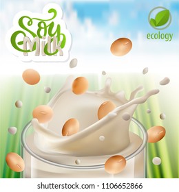 Soy milk pouring down with beans isolated on natural green field in 3d illustration