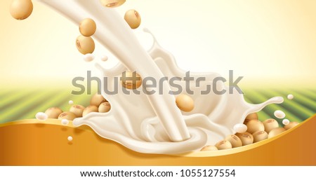 Soy milk pouring down with beans isolated on natural green field and golden banner in 3d illustration