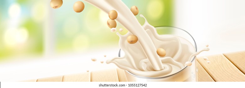 Soy milk pouring down in to glass cup in 3d illustration, bokeh natural background