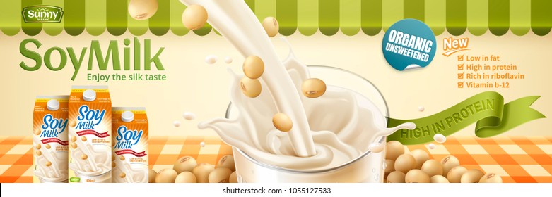 Soy milk pouring down into glass cup with beans on grid table cloth in 3d illustration