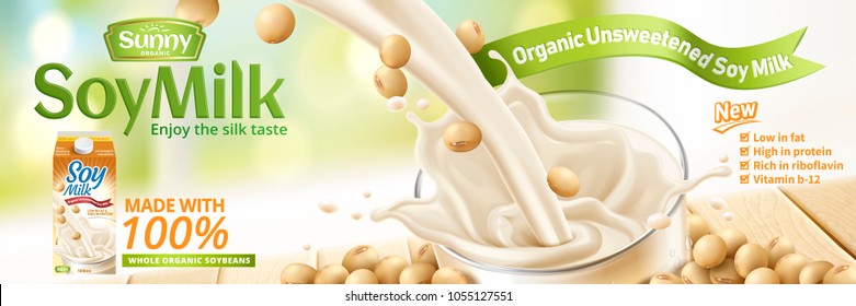 Soy Milk Pouring Down Into Glass Cup With Beans On Wooden Table In 3d Illustration, Bokeh Natural Background