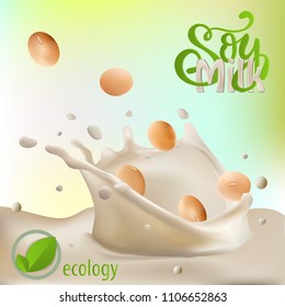 Soy milk pouring down into glass cup with beans in 3d illustration, bokeh natural background