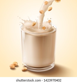 Soy Milk Pouring Down Into Glass Cup In 3d Illustration