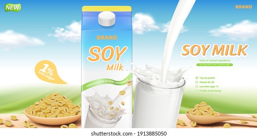 Soy milk pouring down into glass with milk carton and soy beans on wooden table, landscape background