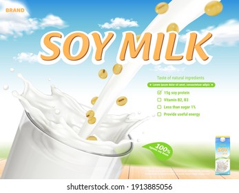 Soy milk pouring down into glass with milk carton and soy beans on wooden table, landscape background