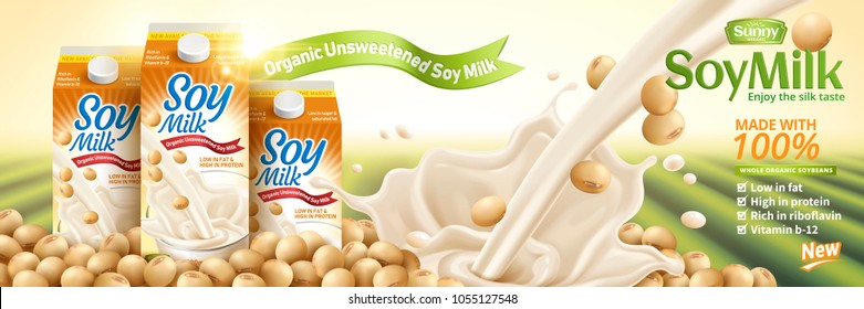 Soy milk pouring down on beans in 3d illustration, bokeh green field background
