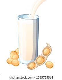 Soy milk pouring in drinking glass. Soybean. Flat vector illustration isolated on white background. Vegetarian drink, food. Natural condition, health food.