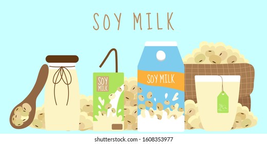 Soy milk and product flat vector illustration