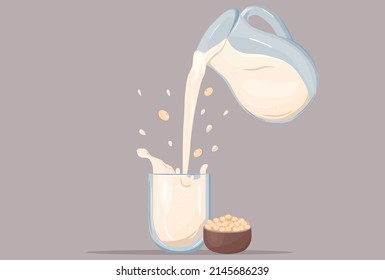 
Soy milk. Soy products. The concept of veganism, vegetarianism, paleo and keto nutrition. Pouring milk from a transparent bottle. Healthy fats. Isolated mathematical illustration.