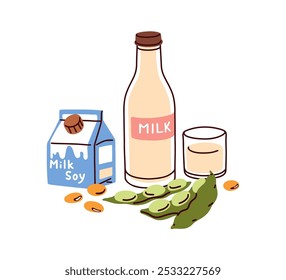 Soy milk products. Vegan plant-based drink. Soymilk in bottle and carton, beans composition. Healthy lactose and dairy free produce from soybeans. Flat vector illustration isolated on white background