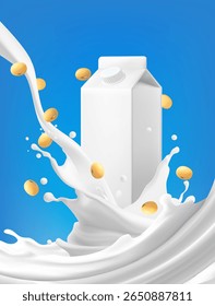 Soy Milk prominent white carton amidst creamy milk splashes and golden soybeans against a bright blue background. Conveys purity freshness