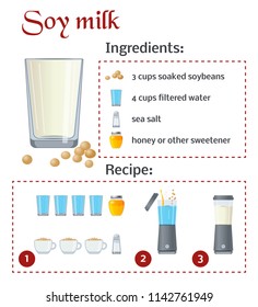 Soy milk recipe. Vector template with ingredient icons.