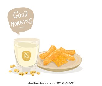 Soy milk and soy seeds with "Patongko" Thai and Chinese traditional deep-fried dough twin-stick on white background. vector isolated on copy space white background.