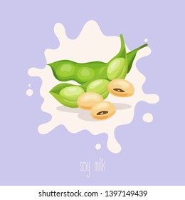 Soy milk. Soybean on a milk splash. Vector illustration.