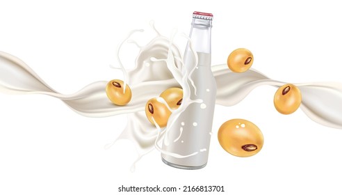 Soy milk with soybeans and milk splashing in 3d illustration. Realistic vector elements. Food and Drink concepts. Packaging mock up.