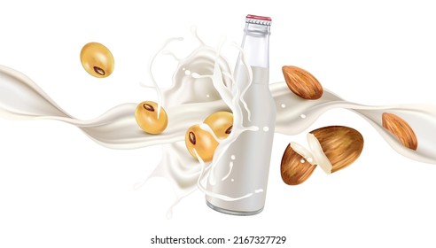 Soy milk with soybeans and milk splashing in 3d illustration. Realistic vector elements. Food and Drink concepts.