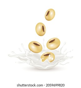 Soy milk with soybeans and milk yogurt splashing isolated on white background. Exercises and eat healthy food. Health concept. Realistic 3d vector illustration.