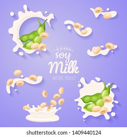 Soy in milk splash. Big splash set. Vegan alternative organic filbert milk flow pour. Non dairy drink or yogurt.
