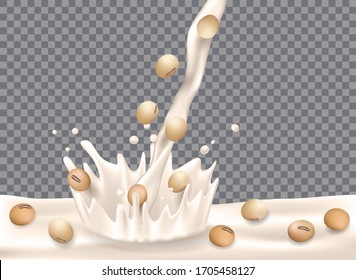 Soy milk with splash isolated on transparent background. Soy beans with milk pouring down for package design. 3d Vector illustration