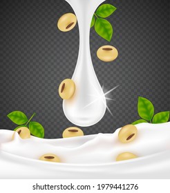 Soy milk with splash isolated on transparent background. Milk pouring down for package design. Milk and Calcium. Dietary supplement bone, Medical or healthcare concept. 3d Vector EPS10 illustration