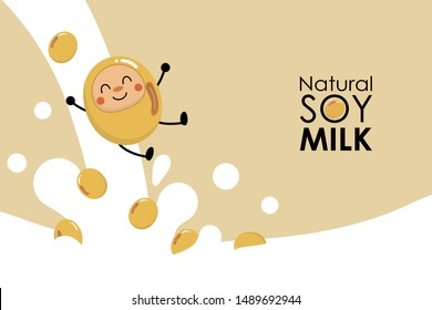 Soy milk splash. Organic healthy drinking food .Cute nut cartoon character vector.
