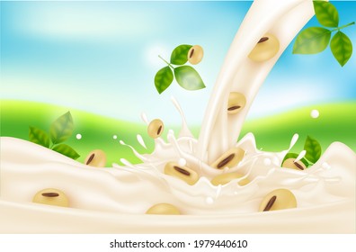 Soy milk splash pouring down for package design. Milk and Calcium. Dietary supplement bone, Medical or healthcare concept. 3d Vector EPS10 illustration