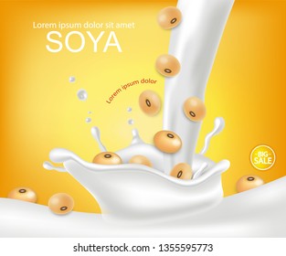 Soy milk splash Vector realistic. Detailed milk pourring. Label template design. 3d beans. Natural products
