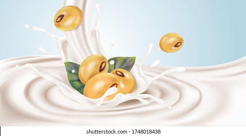 Soy milk splashing with soy beans isolated on white background. Realistic vector in 3D elements.