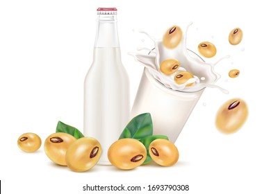 Soy Milk Splashing With Glass Of Milk And Packaging Mock Up Isolated On White Background. Realistic Vector In 3D Elements.