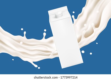 Soy Milk Splashing With Glass Of Milk And Packaging Mock Up Isolated On White Background. Realistic Vector In 3D Elements.