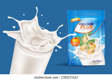 Soy milk splashing with glass of milk and packaging mock up isolated on white background. Realistic vector in 3D elements.