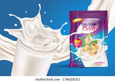 Soy Milk Splashing With Glass Of Milk And Packaging Mock Up Isolated On Solid Color Background. Realistic Vector In 3D Elements.