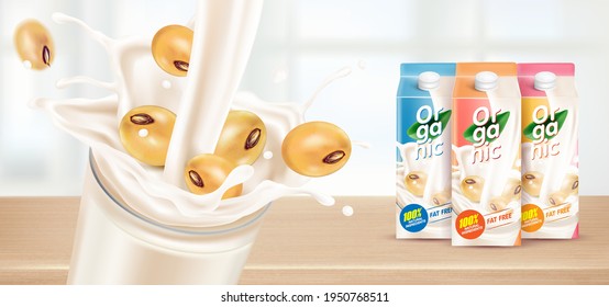 Soy Milk Splashing With Glass Of Milk And Packaging Mock Up Isolated On Window Light Background. Realistic Vector In 3D Elements.