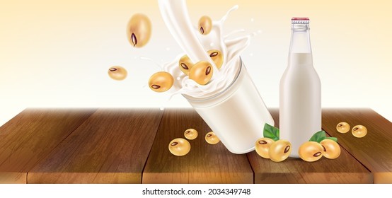 Soy milk splashing with glass of milk and packaging mock up isolated on wooden table background. Realistic vector in 3D elements.