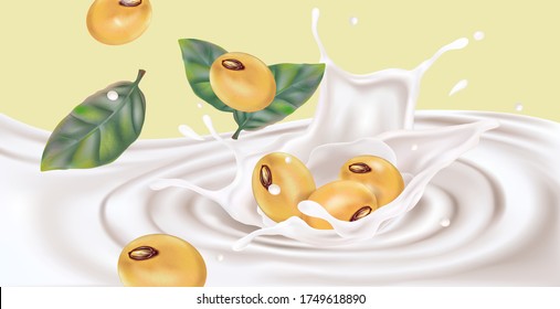 Soy milk splashing with soybeans of milk isolated on solid color background. Realistic vector in 3D elements.
