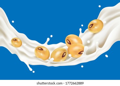 Soy milk splashing with soybeans isolated on white background. Realistic vector in 3D elements.