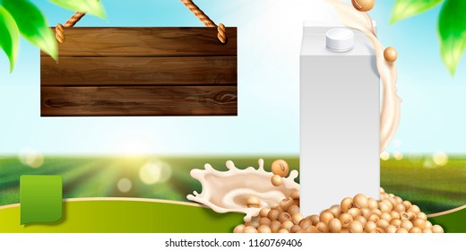 Soy milk template with blank carton box and ingredients on bokeh nature background in 3d illustration