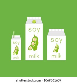 Soy milk vector illustration in different size boxes with soybean graphic.