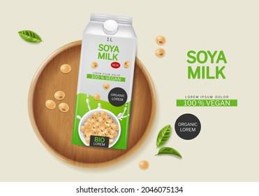 Soy milk vector realistic. Product placement mock up. Label design milk splash 3d detailed
