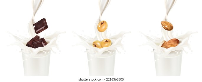 Soy milk and yogurt liquid splashing of glass isolated on solid color background. Realistic vector in 3D elements. Food and Drink concepts.