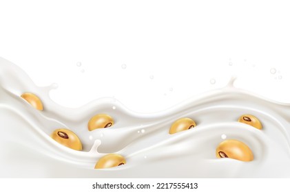 Soy milk and yogurt liquid splashing on solid color background. Realistic vector in 3D elements. Food and Drink concepts.