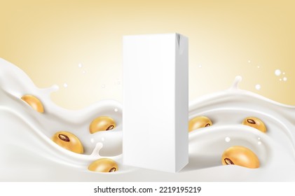 Soy milk and yogurt liquid splashing with packaging mock up on solid color background. Realistic vector in 3D elements. Food and Drink concepts.