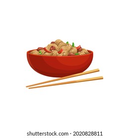 Soy noodles product, soybean meat and vegetables in bowl with chopsticks isolated realistic icon. Vector chinese or japanese food, udon stir fry noodles, street food, takeaway snack. Hakka or ramen