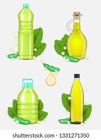Soy oil set. Vector realistic illustration of vegetable soybean oil plastic and glass bottles with soy plant beans and leaves.