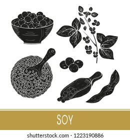 Soy. Plant Leaves, flower, branch, fruit, pod. Scoop,  bowl. Set. Black silhouette on white background.