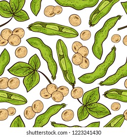 Soy. Plant. Stem, flower, leaf, fruit, pod. Monophonic. Background, wallpaper, seamless, texture. Color