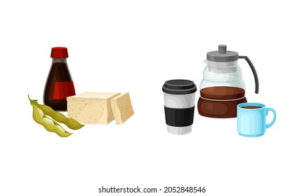Soy Product with Tofu Cheese and Soy Sauce and Coffee in Cup as Healthy and Harmful Food Vector Set